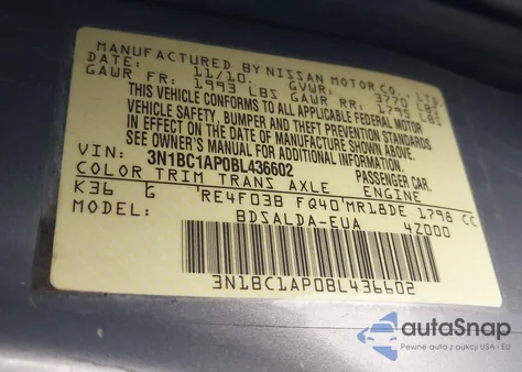 2011 Nissan Versa 1.8S z USA, uszkodzony, nr VIN 3N1BC1AP0BL436602